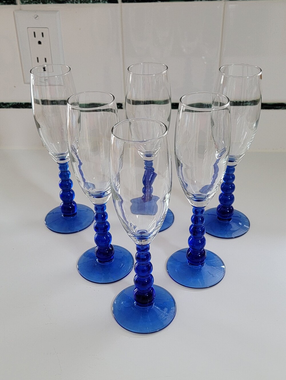 Set of 6 Vintage LIBBEY Cobalt Blue Bubble Style Stem Glasses